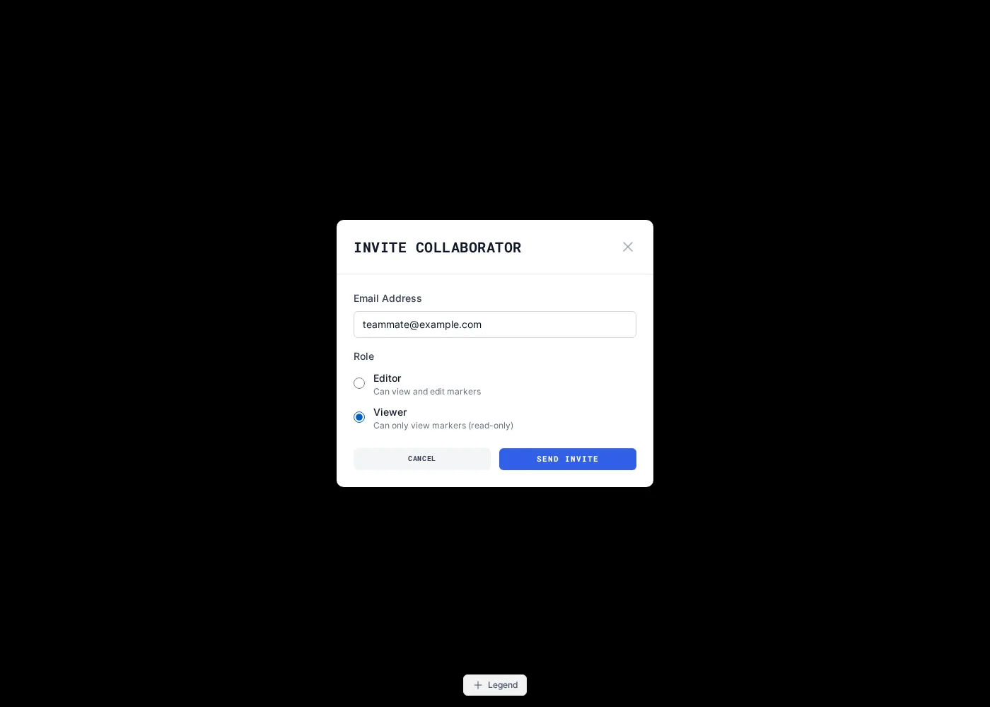 The Invite Collaborator modal with the Viewer role selected.